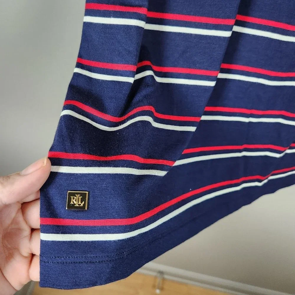 Lauren Ralph Lauren Shirt Womens XL Blue Mock Neck Striped Jersey Top Blouse - Picture 2 of 11